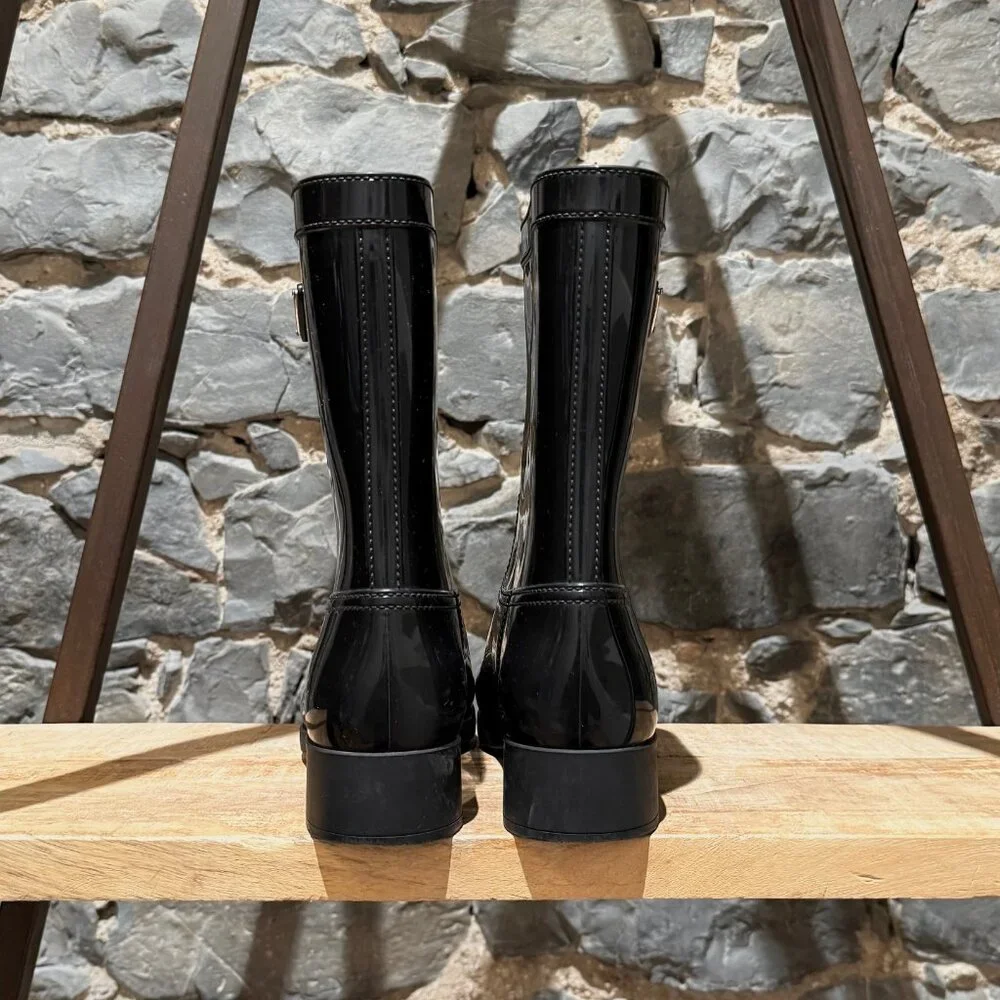 Prada Black Enamel Triangle Mid-Calf Rain Boots - Picture 6 of 14
